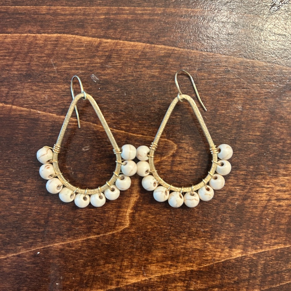 White Beaded Teardrop Hoop Earrings - Gold Frame